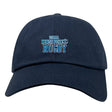 The King's Point Rugby Adult Low-Profile Cotton Twill Dad Cap by EMB S&S Activewear features "USMMA Kings Point Rugby" embroidered in blue and white on navy blue cotton twill.