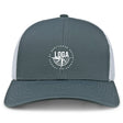 The League of Gentleman Adventurers Retro Trucker Cap by EMB S&S Activewear features a gray and white design, mesh back, embroidered "LOGA" logo with compass graphic, and an adjustable snapback closure.