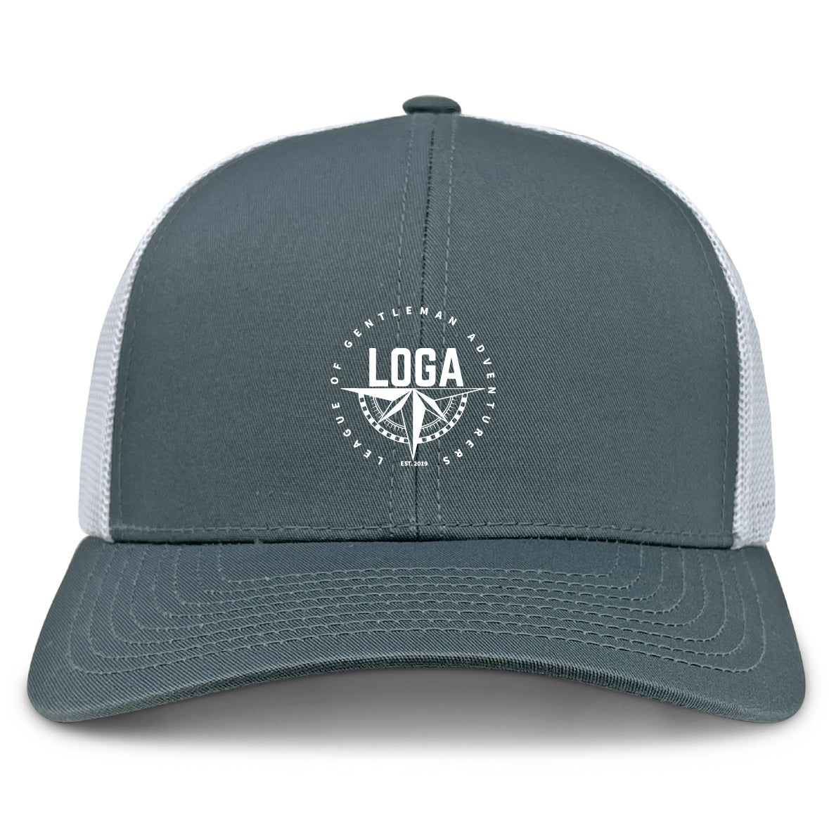 The League of Gentleman Adventurers Retro Trucker Cap by EMB S&S Activewear features a gray and white design, mesh back, embroidered "LOGA" logo with compass graphic, and an adjustable snapback closure.