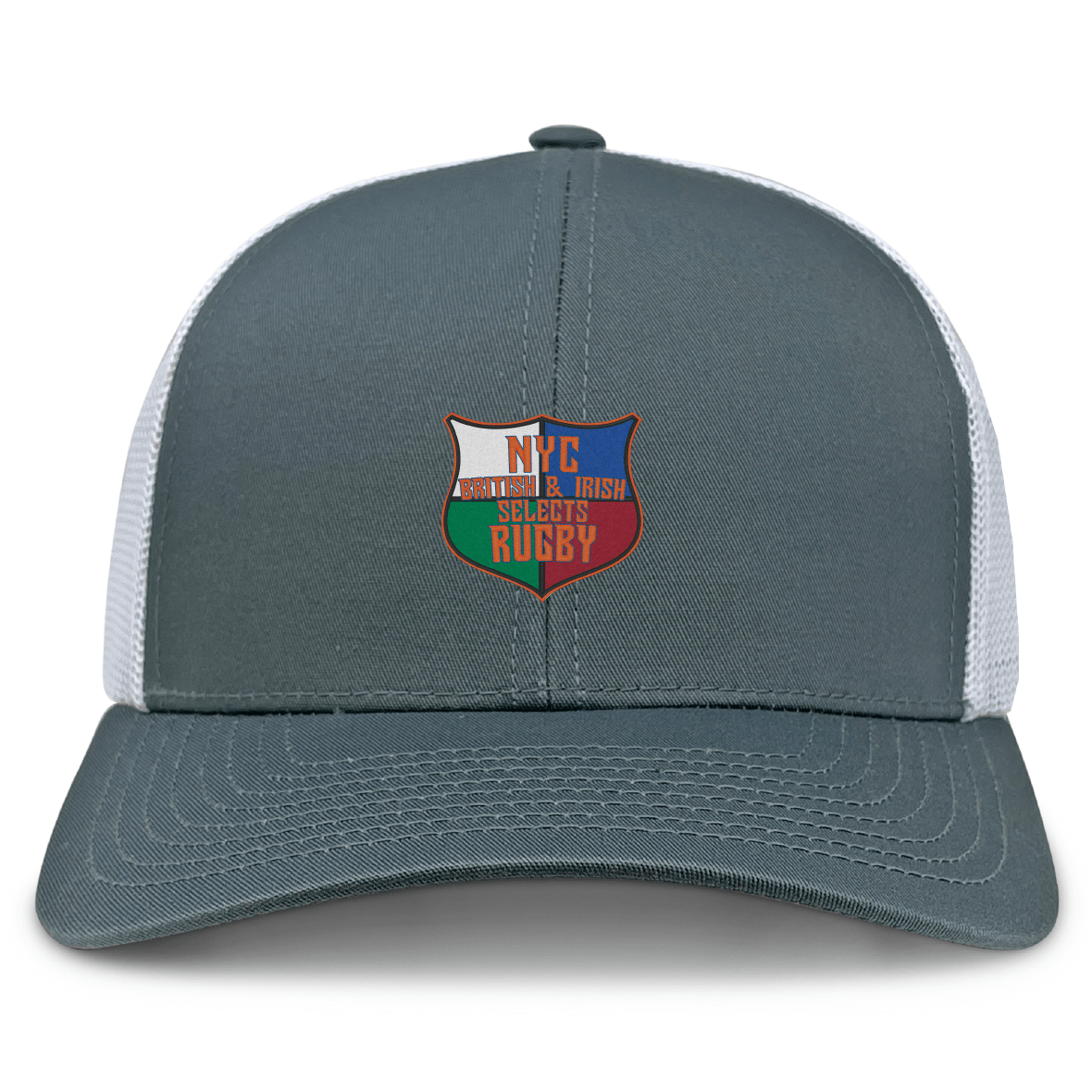 The EMB S&S Activewear NYC British and Irish Selects Retro Trucker Cap features a gray-white two-tone design, shield emblem with text, polyester-cotton blend fabric, and a snapback closure for adjustable fit.