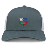 The EMB S&S Activewear NYC British and Irish Selects Retro Trucker Cap features a gray-white two-tone design, shield emblem with text, polyester-cotton blend fabric, and a snapback closure for adjustable fit.