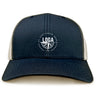 The League of Gentleman Adventurers Retro Trucker Cap by EMB S&S Activewear features a navy blue and beige design with a white "LOGA" logo on the front and an adjustable snapback closure.