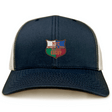 The NYC British and Irish Selects Retro Trucker Cap by EMB S&S Activewear features a navy blue and white design, a comfy polyester-cotton blend, and a shield logo with “NYC Middle & Irish Selects Rugby” in flag colors on the front.
