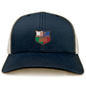 The NYC British and Irish Selects Retro Trucker Cap by EMB S&S Activewear features a navy blue and white design, a comfy polyester-cotton blend, and a shield logo with “NYC Middle & Irish Selects Rugby” in flag colors on the front.