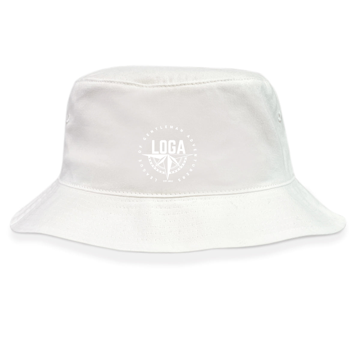 The League of Gentleman Adventurers Crusher Bucket Cap by EMB S&S Activewear features a circular "LOGA" logo and text on the front, offering stylish sun protection in a plain white cotton design.