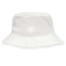 The League of Gentleman Adventurers Crusher Bucket Cap by EMB S&S Activewear features a circular "LOGA" logo and text on the front, offering stylish sun protection in a plain white cotton design.