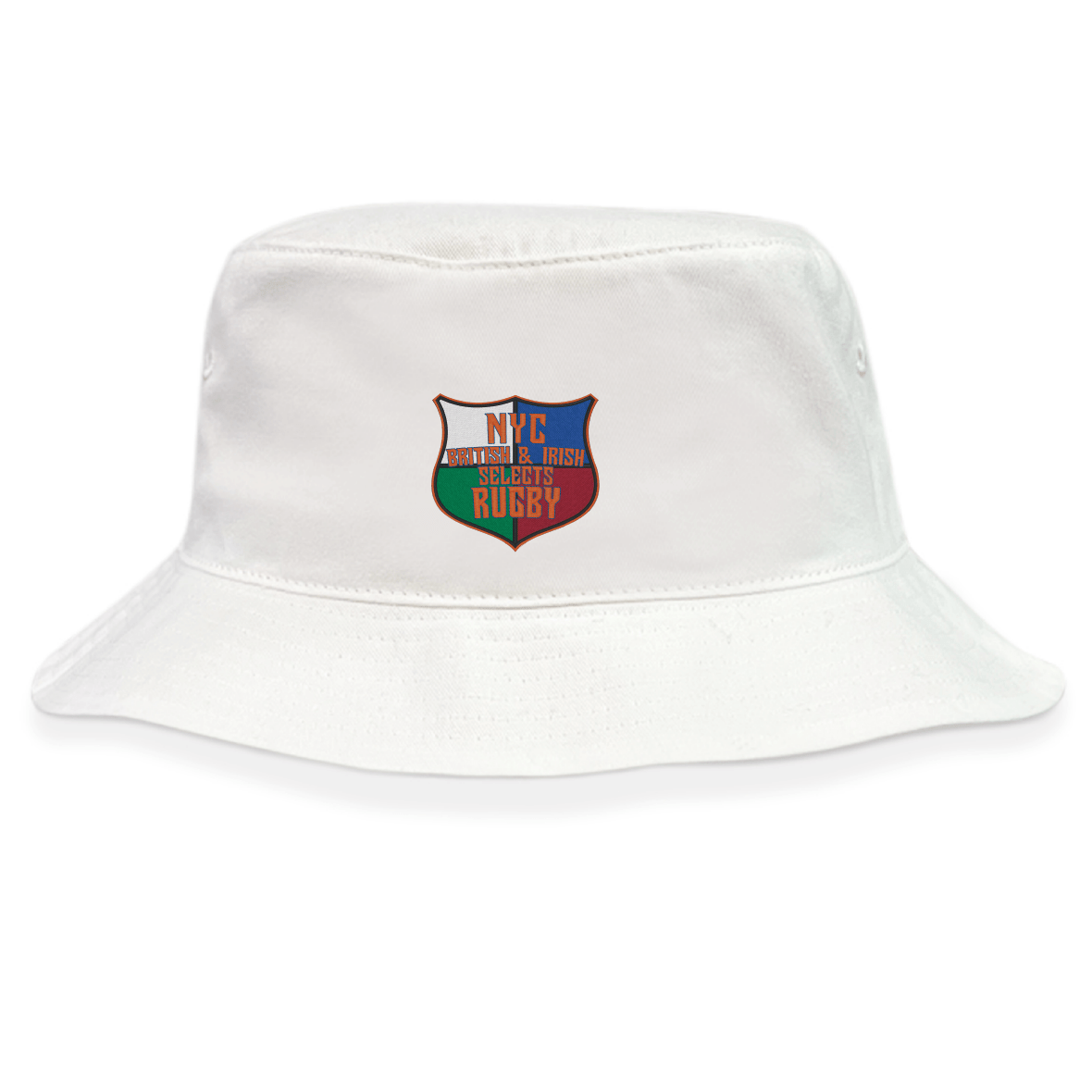 The EMB S&S Activewear NYC British and Irish Selects Crusher Bucket Cap is made from durable cotton twill for sun protection and features a colorful shield-shaped “NYC British & Irish Selects” logo on the front.