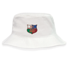 The EMB S&S Activewear NYC British and Irish Selects Crusher Bucket Cap is made from durable cotton twill for sun protection and features a colorful shield-shaped “NYC British & Irish Selects” logo on the front.