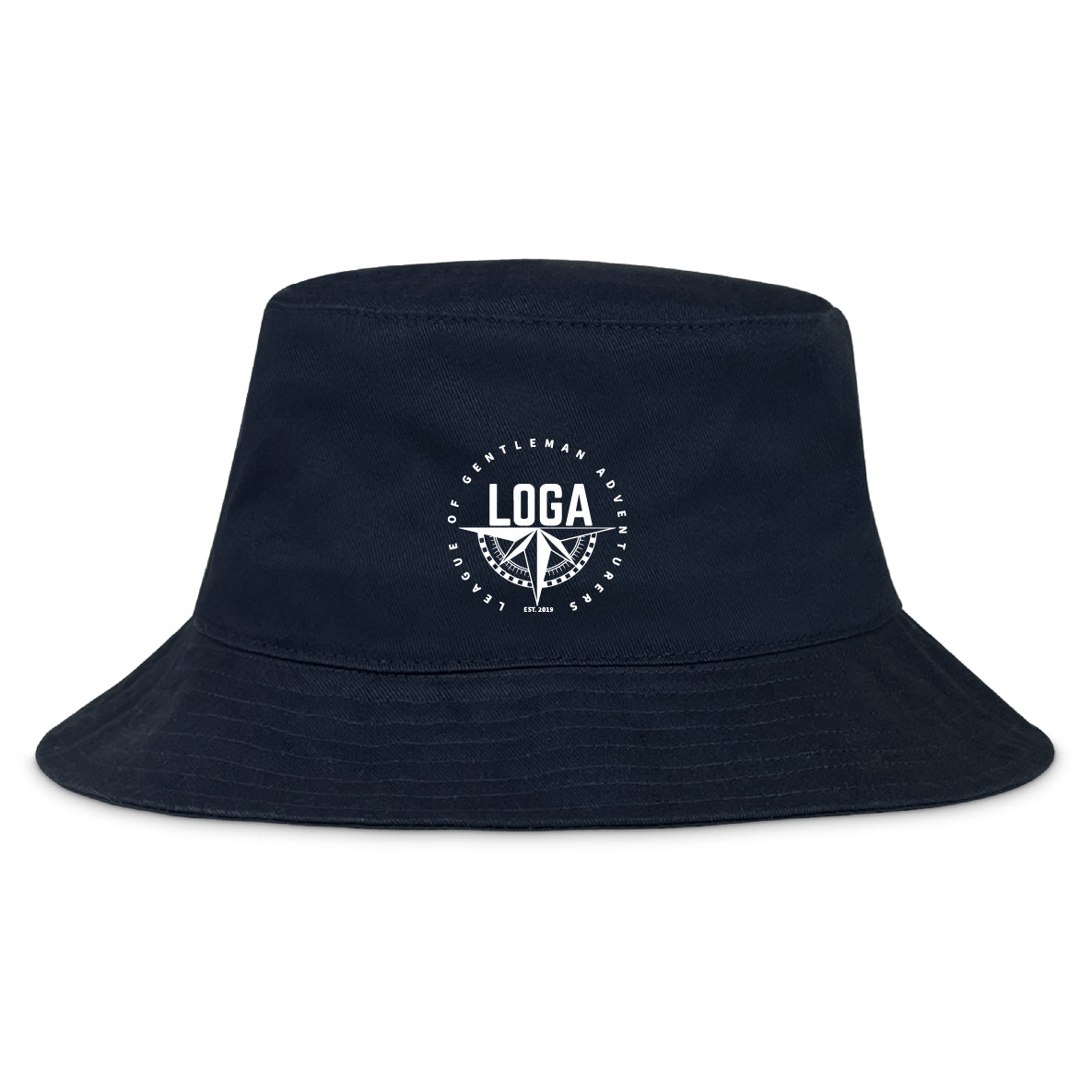 The EMB S&S Activewear League of Gentleman Adventurers Crusher Bucket Cap is a black cotton hat featuring a white circular compass logo and "LOGA" text, offering stylish sun protection.