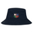 The NYC British and Irish Selects Crusher Bucket Cap by EMB S&S Activewear is a navy cotton twill bucket hat with an embroidered shield patch reading "NYC Welsh & Irish Select Rugby" in red, white, and green for stylish sun protection.