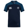 The EMB Canterbury League of Gentleman Adventurers Vapodri Evader Jersey is a navy short-sleeve rugby top featuring chest logos, Vapodri tech at the hem, and advanced moisture-wicking for performance comfort.
