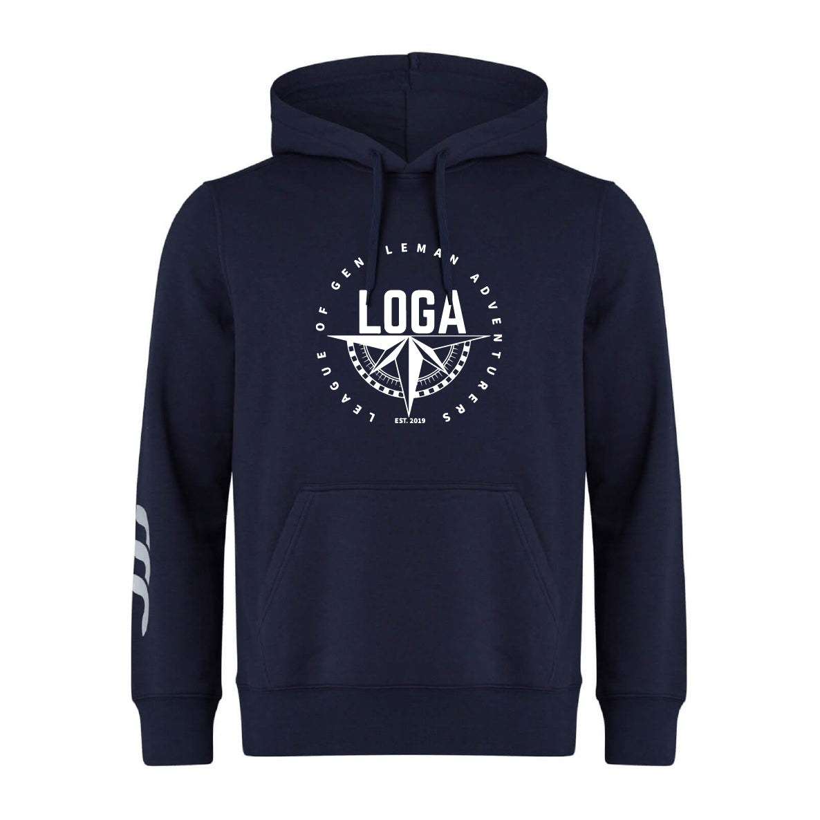 The League of Gentleman Adventurers Club Hoodie by WRS Canterbury is a navy team hoodie with a front pocket, "LOGA" compass chest logo, and white stripes on the left sleeve—ideal as a Rugby club hoodie.