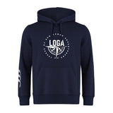 The League of Gentleman Adventurers Club Hoodie by WRS Canterbury is a navy team hoodie with a front pocket, "LOGA" compass chest logo, and white stripes on the left sleeve—ideal as a Rugby club hoodie.