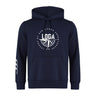 The League of Gentleman Adventurers Club Hoodie by WRS Canterbury is a navy team hoodie with a front pocket, "LOGA" compass chest logo, and white stripes on the left sleeve—ideal as a Rugby club hoodie.