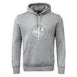 The League of Gentleman Adventurers Club Hoodie by WRS Canterbury is a gray hooded sweatshirt with a front pocket and a white "LUCA" circle graphic, inspired by classic rugby club styles.