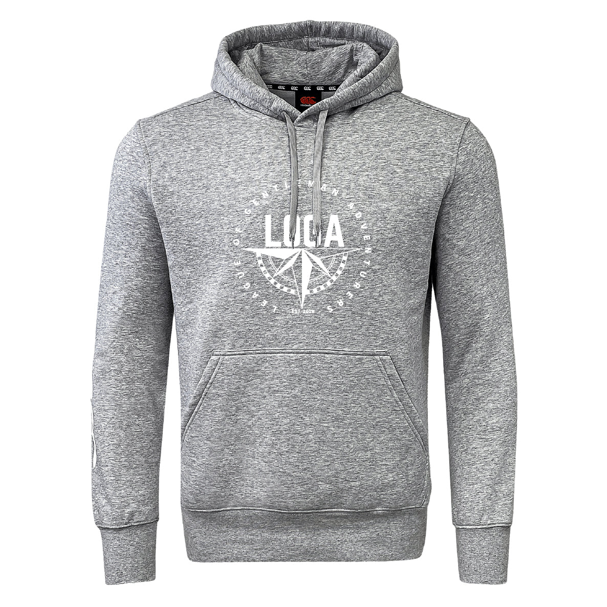 The League of Gentleman Adventurers Club Hoodie by WRS Canterbury is a gray hooded sweatshirt with a front pocket and a white "LUCA" circle graphic, inspired by classic rugby club styles.