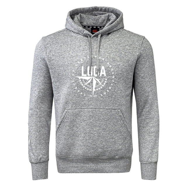 The League of Gentleman Adventurers Club Hoodie by WRS Canterbury is a gray hooded sweatshirt with a front pocket and a white "LUCA" circle graphic, inspired by classic rugby club styles.