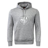 The League of Gentleman Adventurers Club Hoodie by WRS Canterbury is a gray hooded sweatshirt with a front pocket and a white "LUCA" circle graphic, inspired by classic rugby club styles.