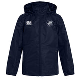 The EMB Canterbury League of Gentleman Adventurers Club Vaposhield Full Zip Rain Jacket in navy features zip closure, front pockets, white chest logos, and VapoShield technology for excellent water resistance.