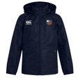 A navy NYC British and Irish Selects Club Vaposhield Full Zip Rain Jacket by EMB Canterbury, featuring the logo on the left chest and the NYC Rugby emblem on the right, equipped with VapoShield technology for water resistance.