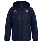 The EMB Canterbury League of Gentleman Adventurers Club Vaposhield Stadium Jacket is a navy blue, water-repellent rugby jacket with a front zipper, Canterbury logo on the right chest, and a circular LOGA emblem on the left chest.