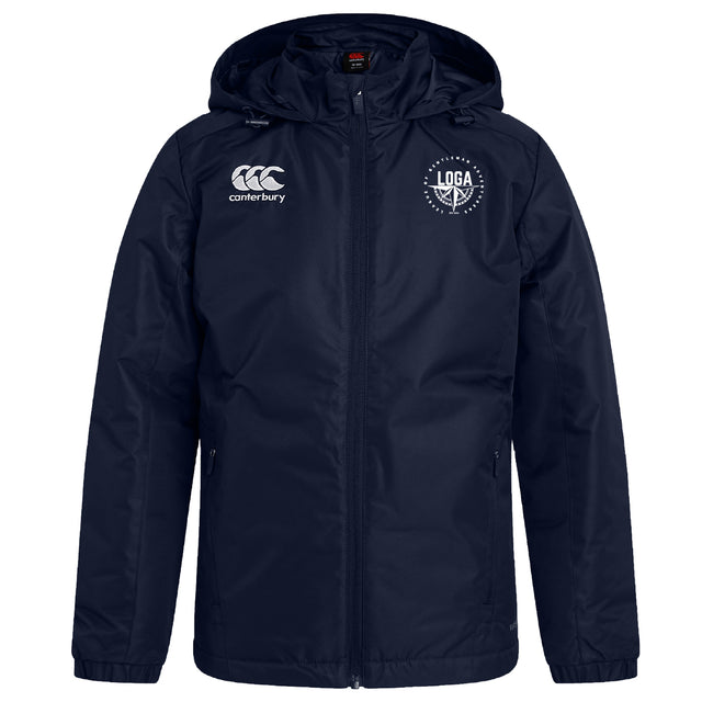 The EMB Canterbury League of Gentleman Adventurers Club Vaposhield Stadium Jacket is a navy blue, water-repellent rugby jacket with a front zipper, Canterbury logo on the right chest, and a circular LOGA emblem on the left chest.