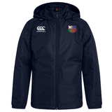 The NYC British and Irish Selects Club VapoShield Stadium Jacket by EMB Canterbury features a navy blue design with a hood, the Canterbury logo on the left shoulder, and a rugby club crest on the right chest. Its VapoShield technology makes it water-repellent, keeping you dry in any weather.