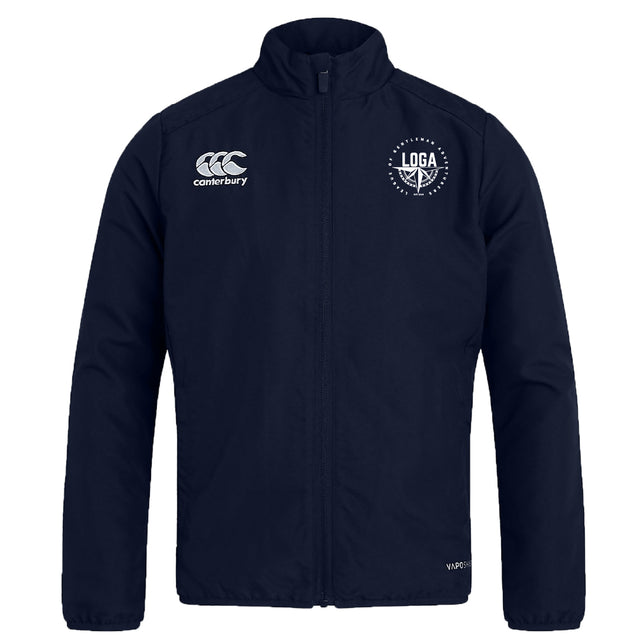 The League of Gentleman Adventurers Club Track Jacket by EMB Canterbury features a navy blue, water-repellent fabric, high collar, zip-up front, and Canterbury plus LOGA logos on the chest.