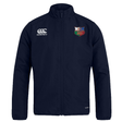 The EMB Canterbury NYC British and Irish Selects Club Track Jacket is a lightweight, navy blue sports jacket with a logo on the right chest above "MORGAN ACADEMY RUGBY." This versatile track jacket is water-repellent, perfect for all weather conditions.