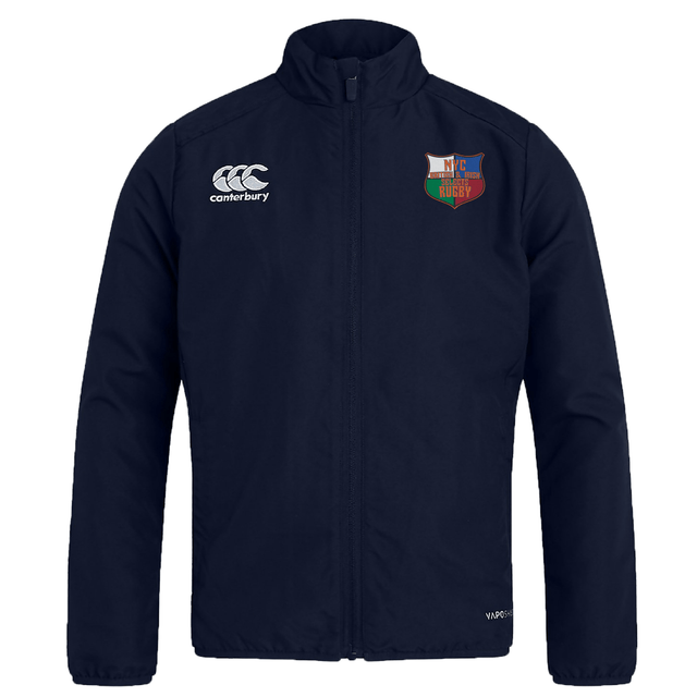 The EMB Canterbury NYC British and Irish Selects Club Track Jacket is a lightweight, navy blue sports jacket with a logo on the right chest above "MORGAN ACADEMY RUGBY." This versatile track jacket is water-repellent, perfect for all weather conditions.