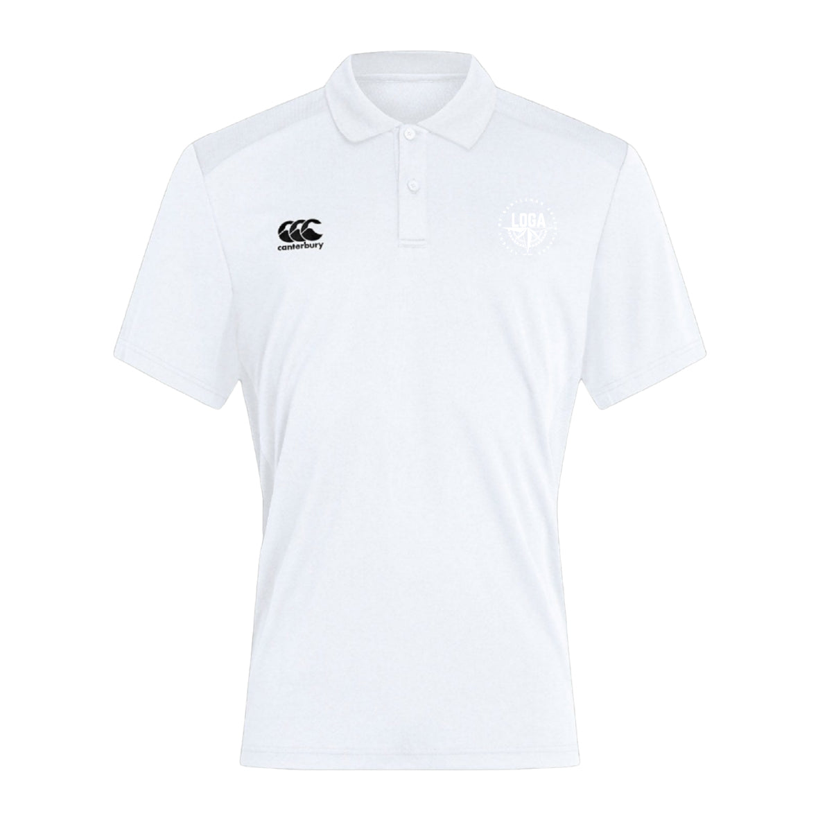 The League of Gentleman Adventurers Club Dry Polo by EMB Canterbury is a white, short-sleeve polo with a collar, three buttons, two black chest logos, and Vapodri Technology for all-day comfort and breathability.