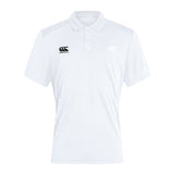 The League of Gentleman Adventurers Club Dry Polo by EMB Canterbury is a white, short-sleeve polo with a collar, three buttons, two black chest logos, and Vapodri Technology for all-day comfort and breathability.