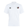 The NYC British and Irish Selects Club Dry Polo by EMB Canterbury is a white polo shirt with a collar, featuring two logos on the chest and equipped with Vapodri Technology for enhanced breathability.