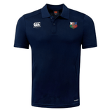 The NYC British and Irish Selects Club Dry Polo by EMB Canterbury is a navy blue shirt with Vapodri Technology for breathability, featuring a left chest logo and a Canterbury CCC Club Dry Polo emblem on the right.