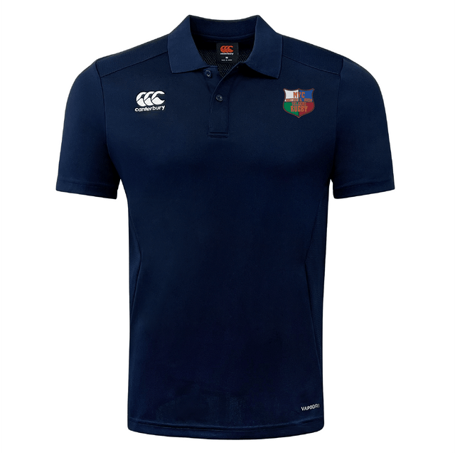 The NYC British and Irish Selects Club Dry Polo by EMB Canterbury is a navy blue shirt with Vapodri Technology for breathability, featuring a left chest logo and a Canterbury CCC Club Dry Polo emblem on the right.