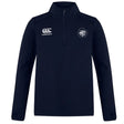 The EMB Canterbury League of Gentleman Adventurers Club 1/4 Zip Mid Layer Training Top features navy blue fabric, a Canterbury logo on the right chest, and a circular club logo on the left—ideal for rugby training.