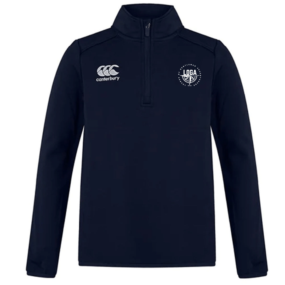 The EMB Canterbury League of Gentleman Adventurers Club 1/4 Zip Mid Layer Training Top features navy blue fabric, a Canterbury logo on the right chest, and a circular club logo on the left—ideal for rugby training.