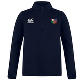 The navy NYC British and Irish Selects Club 1/4 Zip Mid Layer Training Top by EMB Canterbury is crafted from fleece for warmth. It features a modern fit, with a logo on the left chest and a brand emblem on the right.