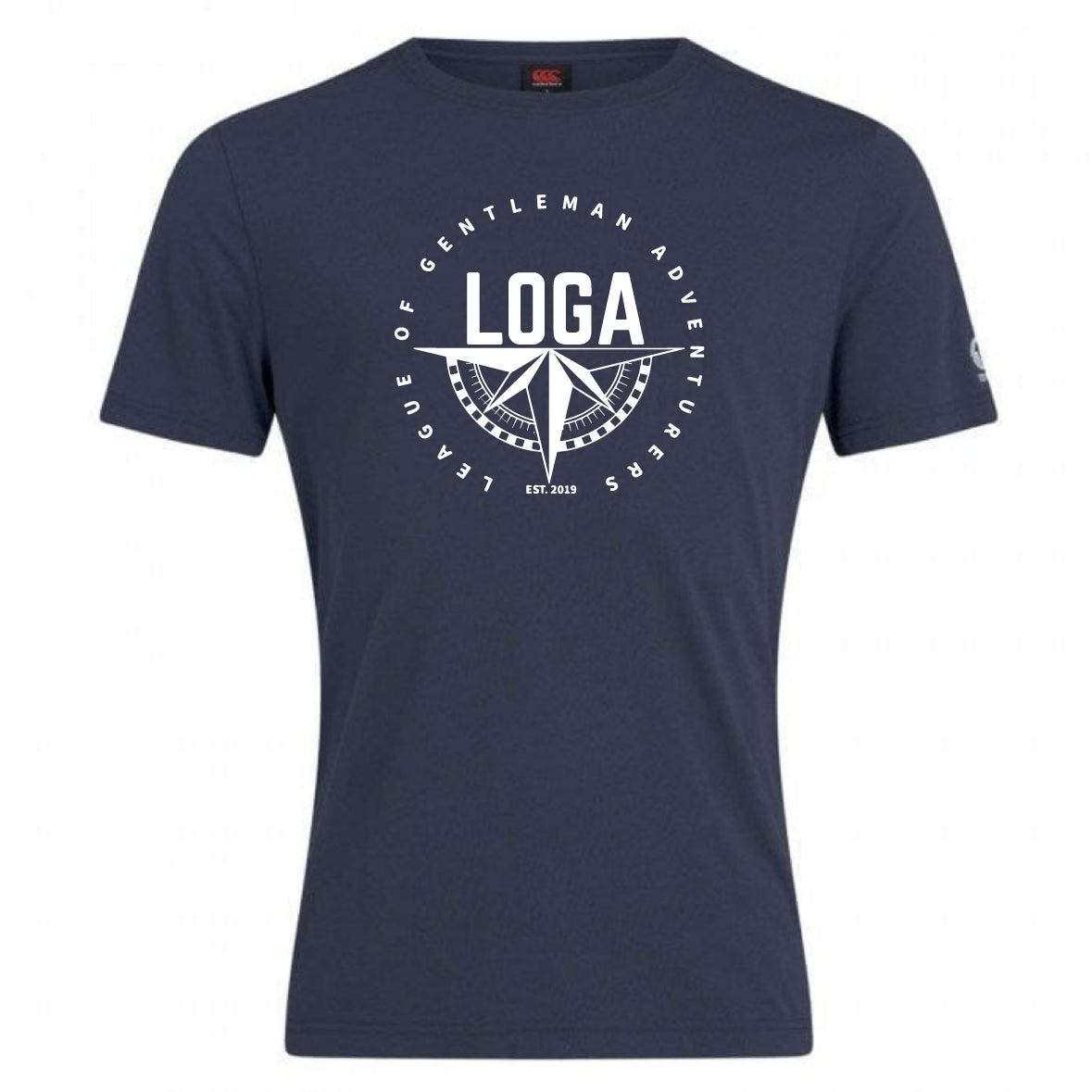 The League of Gentleman Adventurers Club Plain Tee by WRS Canterbury is a navy cotton-blend shirt with a white compass logo, “League of Gentleman Adventurers LOGA,” and “EST. 2019.” A stylish customizable tee for adventurers.