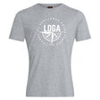 The League of Gentleman Adventurers Club Plain Tee by WRS Canterbury is a light grey cotton-blend t-shirt featuring a white "LOGA" compass emblem and "League of Gentleman Adventurers EST. 2015," perfect for everyday adventure.