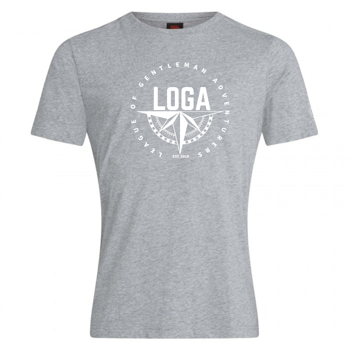 The League of Gentleman Adventurers Club Plain Tee by WRS Canterbury is a light grey cotton-blend t-shirt featuring a white "LOGA" compass emblem and "League of Gentleman Adventurers EST. 2015," perfect for everyday adventure.
