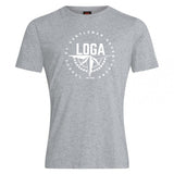 The League of Gentleman Adventurers Club Plain Tee by WRS Canterbury is a light grey cotton-blend t-shirt featuring a white "LOGA" compass emblem and "League of Gentleman Adventurers EST. 2015," perfect for everyday adventure.
