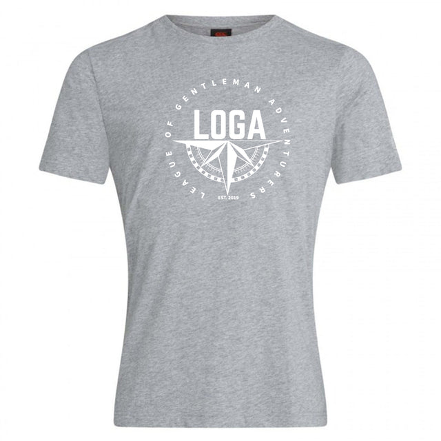 The League of Gentleman Adventurers Club Plain Tee by WRS Canterbury is a light grey cotton-blend t-shirt featuring a white "LOGA" compass emblem and "League of Gentleman Adventurers EST. 2015," perfect for everyday adventure.