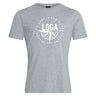 The League of Gentleman Adventurers Club Plain Tee by WRS Canterbury is a light grey cotton-blend t-shirt featuring a white "LOGA" compass emblem and "League of Gentleman Adventurers EST. 2015," perfect for everyday adventure.
