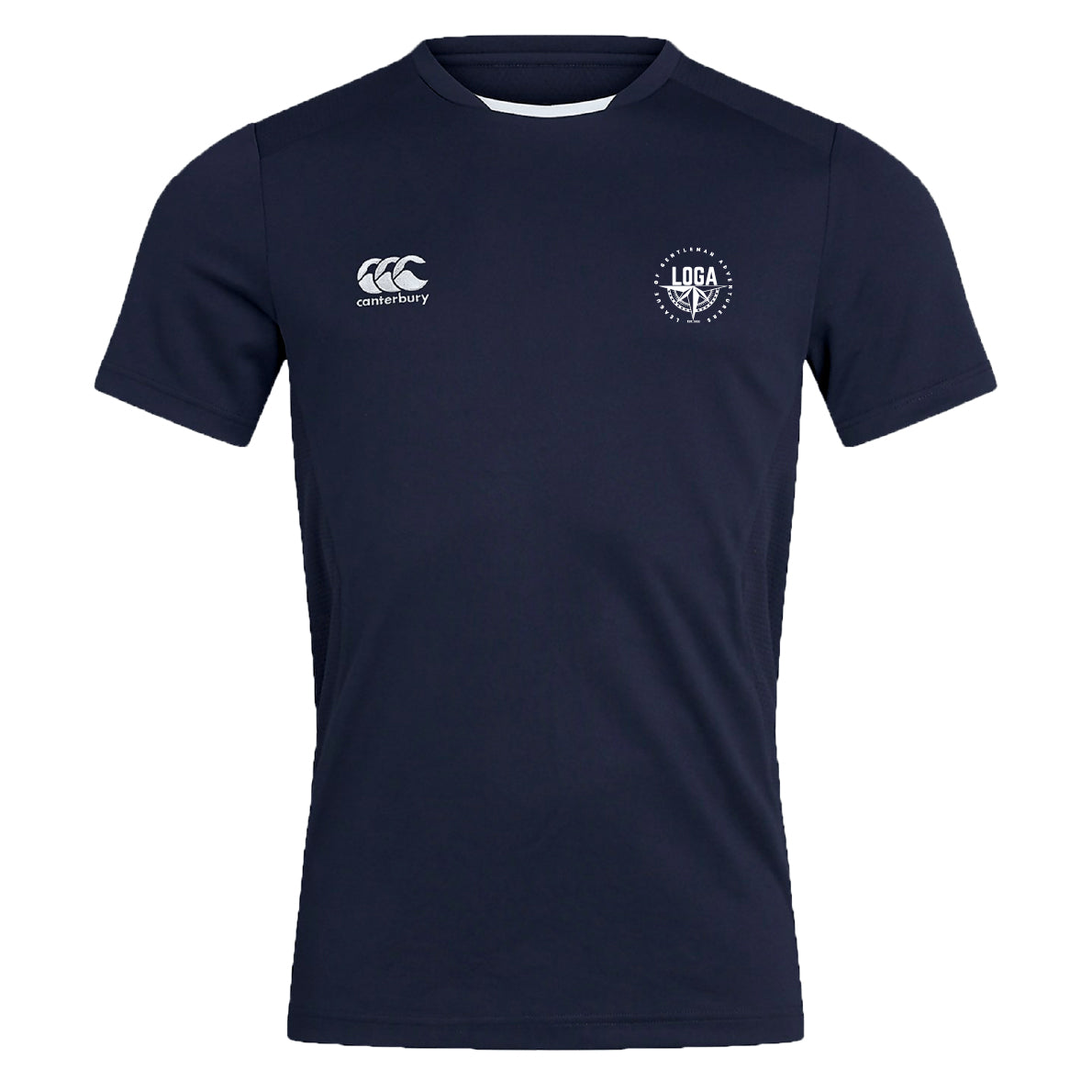 The League of Gentleman Adventurers Club Dry Tee by EMB Canterbury is a navy short-sleeve t-shirt with white logos on the chest. Featuring Vapodri technology for breathability, it's shown on a plain white background.