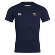 The NYC British and Irish Selects Club Dry Tee by Canterbury is a navy sports jersey with EMB Canterbury branding. It has two chest logos: "Canterbury" on the left and a colorful crest on the right. Crafted with Vapodri Technology, it ensures breathable comfort and style for active wearers.