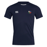The NYC British and Irish Selects Club Dry Tee by Canterbury is a navy sports jersey with EMB Canterbury branding. It has two chest logos: "Canterbury" on the left and a colorful crest on the right. Crafted with Vapodri Technology, it ensures breathable comfort and style for active wearers.