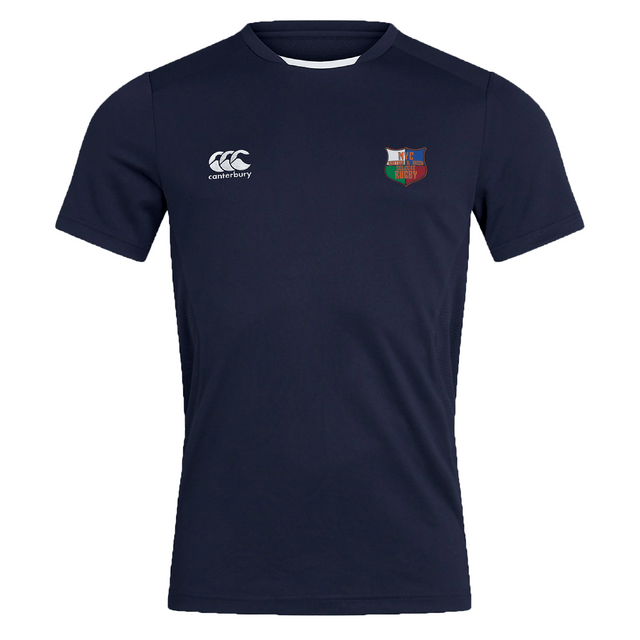 The NYC British and Irish Selects Club Dry Tee by Canterbury is a navy sports jersey with EMB Canterbury branding. It has two chest logos: "Canterbury" on the left and a colorful crest on the right. Crafted with Vapodri Technology, it ensures breathable comfort and style for active wearers.