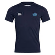 Introducing the King's Point Rugby Club Dry Tee by EMB Canterbury: a Navy blue rugby T-shirt with the iconic white Canterbury logo on the left chest and "World Schools Rugby" text on the right chest. Crafted with Vapodri Technology, it ensures quick-drying and breathable fabric for superior comfort.