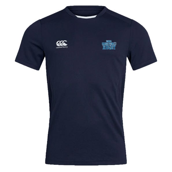 Introducing the King's Point Rugby Club Dry Tee by EMB Canterbury: a Navy blue rugby T-shirt with the iconic white Canterbury logo on the left chest and "World Schools Rugby" text on the right chest. Crafted with Vapodri Technology, it ensures quick-drying and breathable fabric for superior comfort.